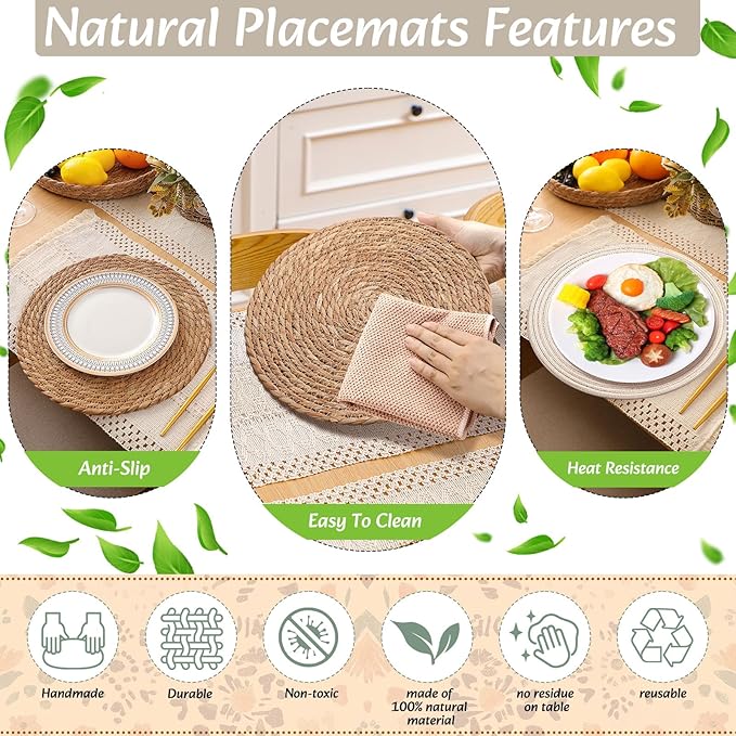 Boho Placemats 4/6/8 Set of Round Woven Placemat Macrame Style Bicolor Stitching Long Table Runner Farmhouse Rustic Natural Burlap Cotton for Kitchen Dining Table(4 Sets,Beige,12x72)
