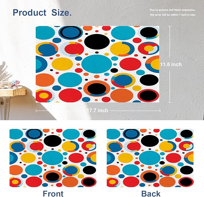 Batmerry Colorful Circles Placemats, Vibrant Circular Pattern Washable Linen Table Mats for Kitchen Table Double Insulation Decor Dining Set Indoor Outdoor 12X18 in Set of 4