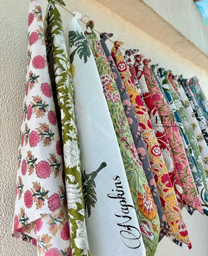 Assorted Mix and Match Hand Block Floral 100% Cotton Cloth Napkins Perfect for Kids,Wedding Events,Home Parties and Dining Table-Zero Waste Napkins