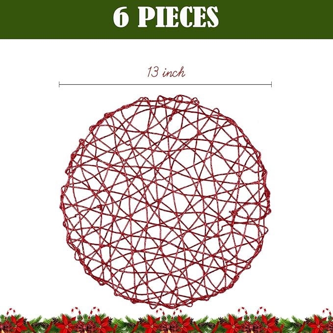AHHFSMEI Paper Braided Round Placemats Set of 12 Natural Non-Slip Heat Resistant Table Mats for Dining Tables Woven Indoor & Outdoor Place mats (Red)