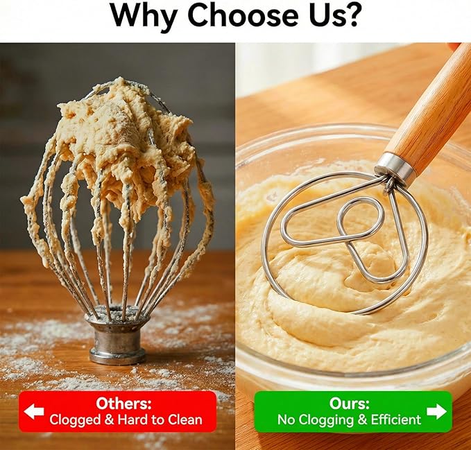 TEEVEA Danish Dough Whisk for Bread Sourdough, Wooden Handle & Stainless Steel Hook