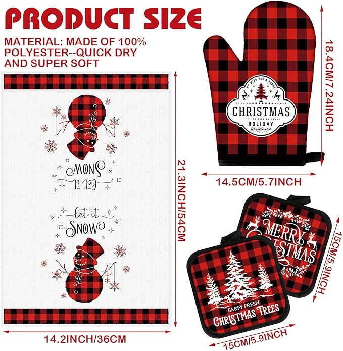 Peryiter 5 Pcs 4th of July Kitchen Towels Pot Holders and Oven Mitt Set Patriotic Retro 2 Dish Towels 2 Square Potholders 1 Heat Resistant Glove for Cooking Baking Gifting Home (Red and Black Plaid)