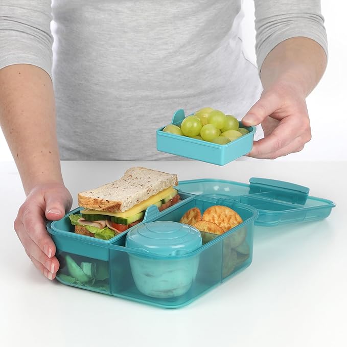 Sistema Ocean Bound Plastic Bento Box | Lunch Box with Yoghurt/Fruit Pot | 1.25 L Square | BPA-Free Made Using Recycled Plastic | Assorted Colours (Varies by Pack)