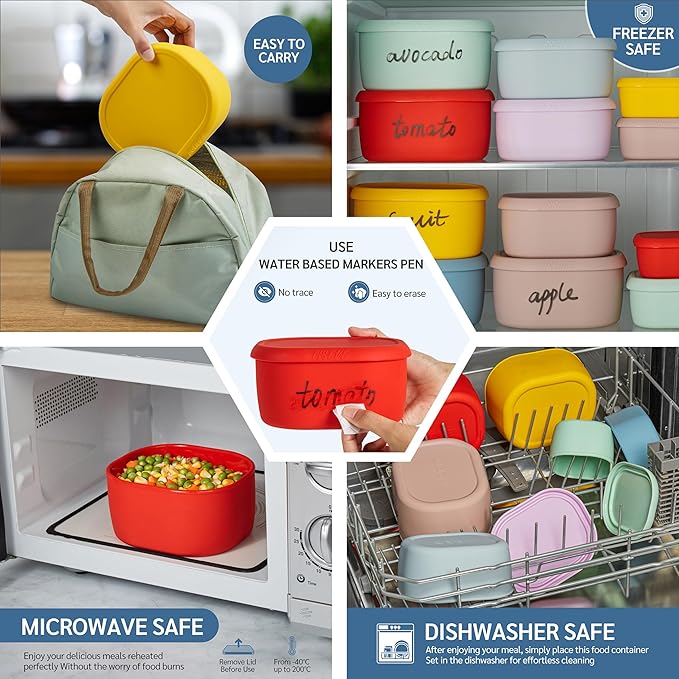 ISSEVE 12Pcs/Set Nesting Silicone Food Storage Containers with Lids, BPA Free Reusable Meal Prep Silicone Containers Airtight, Freezer Dishwasher Safe (33.8oz, 20oz, 10oz, 6.7oz, 1.3oz) (Red)