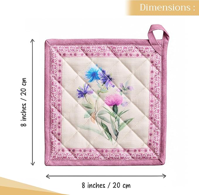 Maison d' Hermine Pot Holders 100% Cotton Heat Resistant Potholders 8" x 8" Hot Pads with Loop BBQ Cooking Baking Gifts for Mothers Day Handling Hot Pans Spring/Summer (Pack of 1, Chardon)