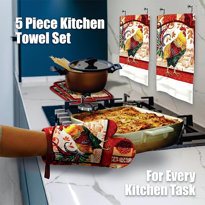 Lobyn Value Packs: Decorative & Functional Rustic Rooster Kitchen Set – 5 Piece Kitchen Towel Set with 2 Decorative Dish Towels (25 X15), 1 Oven Mitt (11 X 7) and 2 Potholders (6.5 X 6.5)