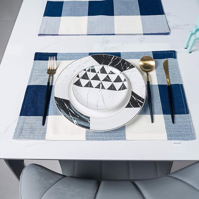 Blue Placemats Set of 4, Linen Buffalo Plaid Double Layer Spring Placemats Check Kitchen Table Mats,Waterproof Heat Resistant Durable Cloth Washable Placemats 12 x 18 Inches