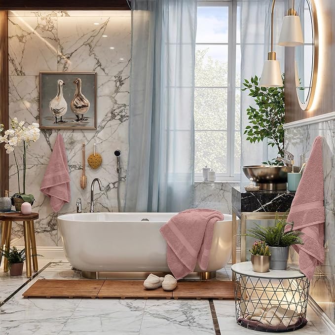 RIVERSIDE Luxury 6 Piece Towel Set, 2 Bath Towels, 2 Hand Towel, 2 Wash Cloths, 100% Cotton, 600 GSM Hotel Quality, Soft, Highly Absorbent Towels for Bathroom, Blush Pink Towel Sets