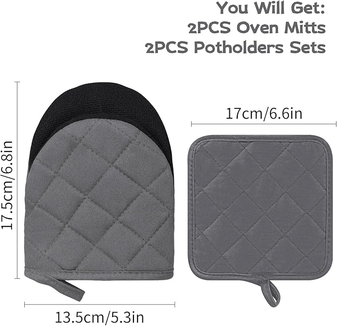 Oven Mitts and Pot Holders Set, Pack of 4, Heat Resistant Silicone Kitchen Mini Oven Mittens for 500 Degrees, Mini Oven Gloves and Hot Pads for Baking Grilling Barbecue Microwave Machine Washable