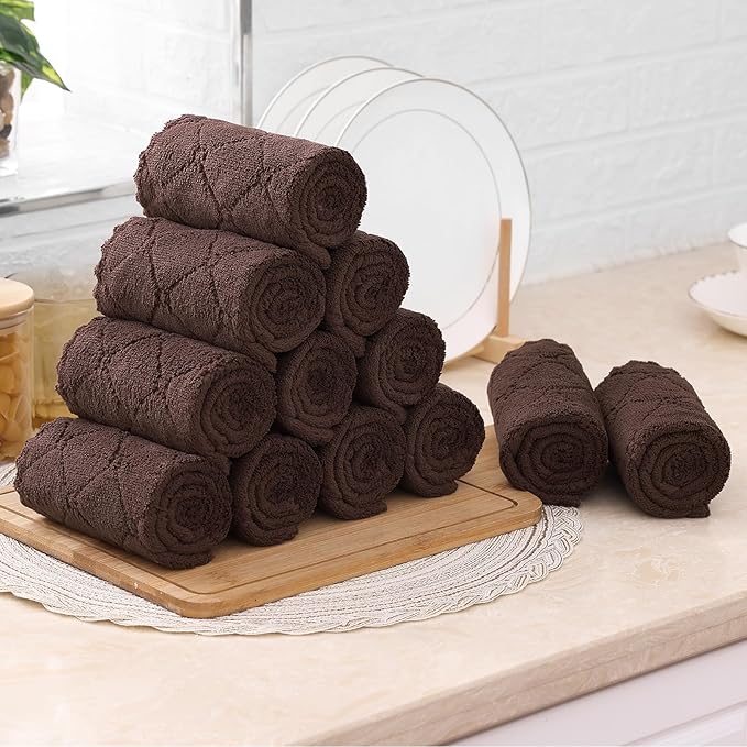 Mordimy 24 Pack Kitchen Towels (20" x 10", Dark Grey & Brown), Super Soft and Absorbent Dish Towels, Coral Velvet Microfiber Cleaning Cloth, Nonstick Oil Fast Dry Dish Cloths
