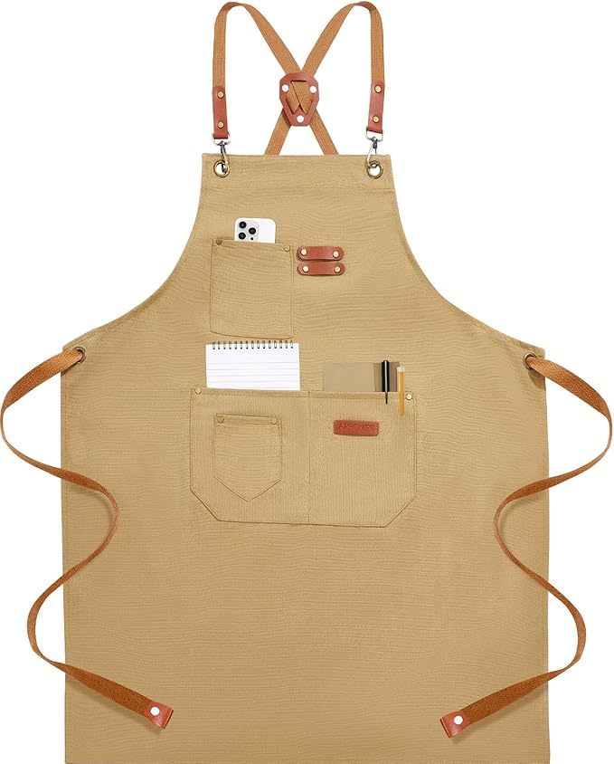 Chef Aprons for Men Women with 4 Large Pockets, Cotton Canvas Cross Back Adjustable Apron for Work grilling kitchen gardening