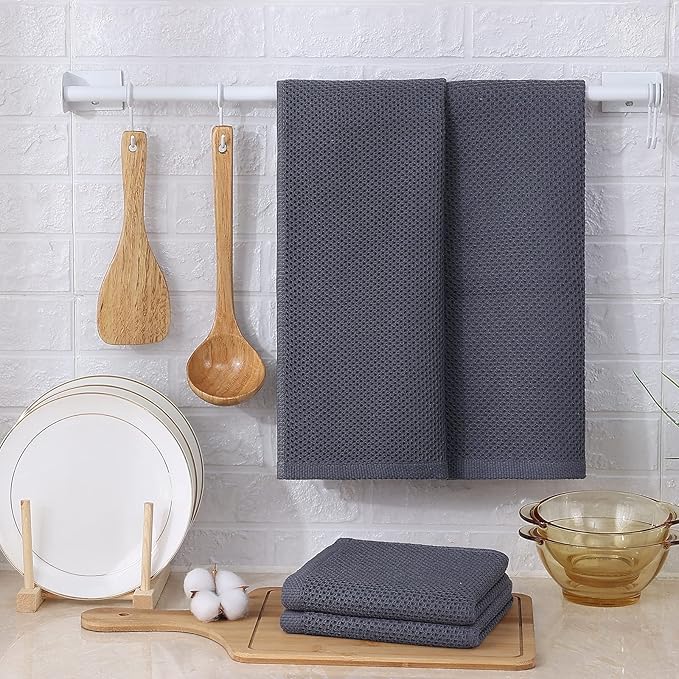 Kitinjoy 100% Cotton Waffle Weave Kitchen Hand Towels (13 X 28 Inches, Dark Grey), 6-Pack Super Soft and Absorbent Dish Towel for Drying Dishes