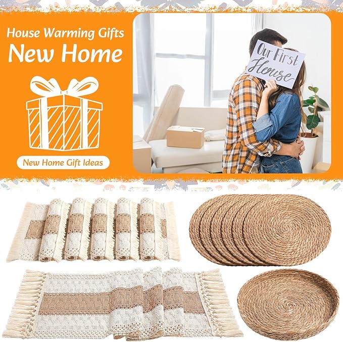 Boho Placemats 4/6/8 Set of Round Woven Placemat Macrame Style Bicolor Stitching Long Table Runner Farmhouse Rustic Natural Burlap Cotton for Kitchen Dining Table(6 Sets,Brown,12x72)