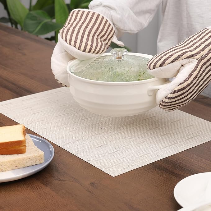 Myir JUN Placemats Set of 6, Vinyl Woven Placemats Place Mats Indoor Washable Table Mats Non-Slip Place mats for Dining Table (B-Off White, Set of 6)