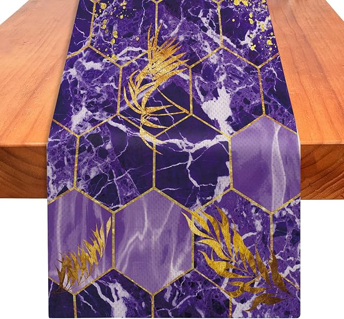 Marble Table Runner 72 Inches Long, Purple Gold Marble Texture Table Runner Dresser Scarves, Abstract Art Burlap Dining Room Table Decor for Kitchen Farmhouse Indoor Outdoor Home Party