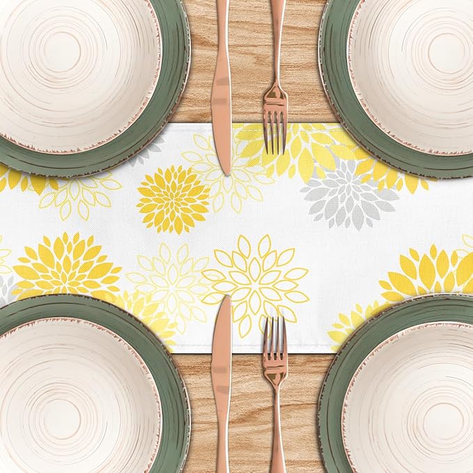 Dahlia Flower Table Runner 13x71 Inch Farmhouse Yellow Gray Runners Modern Table Decorations Rustic Geometric Coffee Table Runner for Home Kitchen Dining Room Party (13"x71", Dahlia Floral-Yellow)