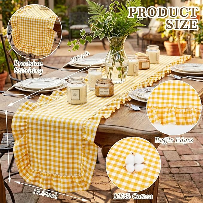 HunnmingRe 1 Pcs Yellow Plaid Gingham Ruffle Table Runner 72 x 13.8'' Farmhouse Easter Table Runner 100% Cotton Scalloped Long Dresser Scarves for Dining Room, Wedding, Kitchen Rustic Home Decor