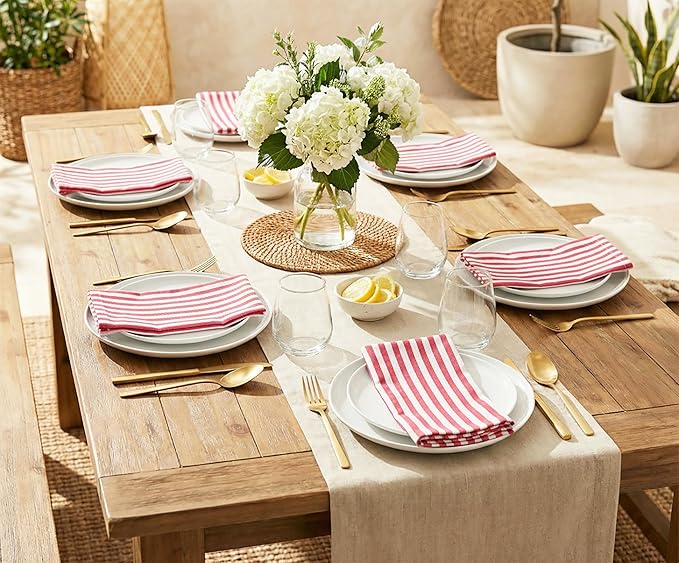 PurpleEssences Plain Striped Cloth Napkins - Set of 12-100% Cotton - 18 x 18 Inch - Spring Easter Summer and Perfect Everyday Use Dinner Napkin - Red and White