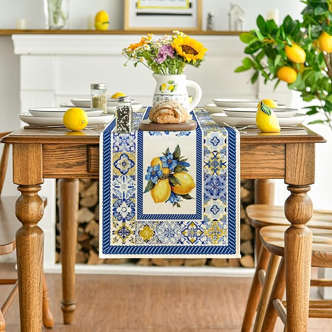 Artoid Mode Lemon Flowers Blue and White Porcelain 210 GSM Summer Table Runner, Seasonal Spring Kitchen Dining Table Decoration for Home Party Decor 13x60 Inch