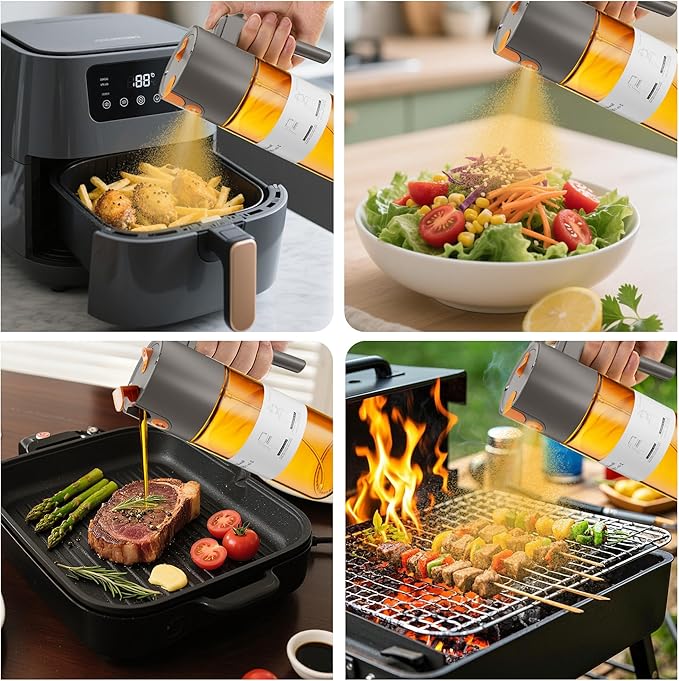 LUKUMIQI 2 in 1 Oil Sprayer for Cooking, 17oz Light-Blocking Glass Spray Bottle with Stickers, Oil Dispenser for Salad, Air Fryer & BBQ