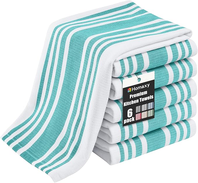 Homaxy Premium Kitchen Towels 18”x 28”, Large Cotton 380 GSM Kitchen Hand Towels, Stripe and Terry Dish Towel, Highly Absorbent Tea Towel Set with Hanging Loop, 6 Pack, Teal