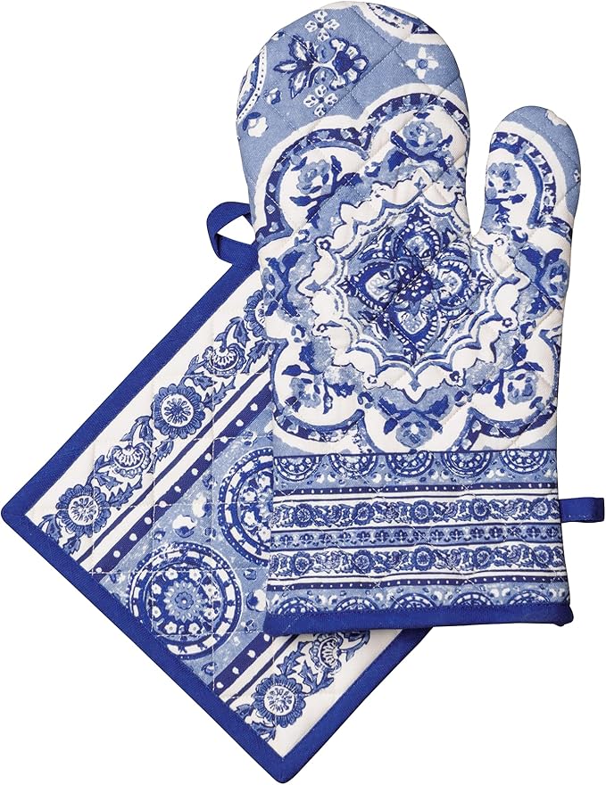 Maison d' Hermine 100% Cotton Oven Mitt & Pot Holder Set (7.5"x13" & 8"x8") Heat Resistant BBQ Cooking Gloves with Loop Baking Grilling Kitchen Gifts for Mothers Day Spring/Summer(Melodie Bleue)