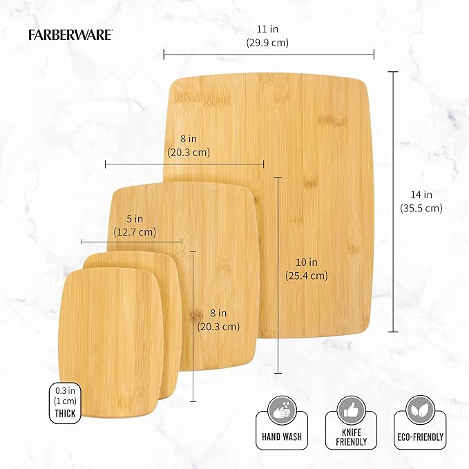 FARBERWARE 4-Piece Reversible Bamboo Cutting Board and Charcuterie Set,Assorted Sizes,Durable Wood Serving Boards for Cheese,Meats,and Prep,(Pack of 4)