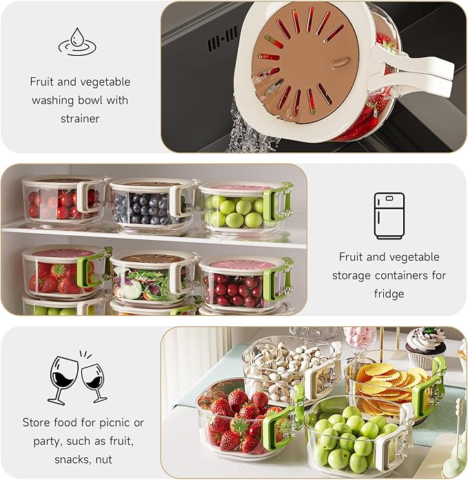 Fruit Vegetable Washing Bowl with Strainer, Multifunctional Produce Washer, Berry Container, Lettuce Keeper for Fridge Refrigerator Organization, Portable Strainers and Colander for Kitchen (Brown)