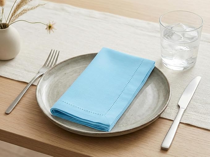 PurpleEssences Set of 12 Hemstitch Cloth Dinner Napkins 100% Cotton - Soft Durable Washable - Ideal for Wedding Spring Easter Summer - Perfect Everyday Use Table Linen 18x18 - Aqua Blue