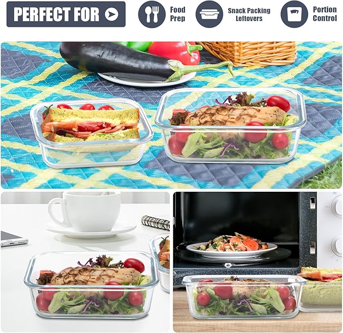 6 Pack Glass Food Storage Containers with Airtight Lids, Meal Prep Containers for Lunch, Leftovers, BPA Free (Grey)