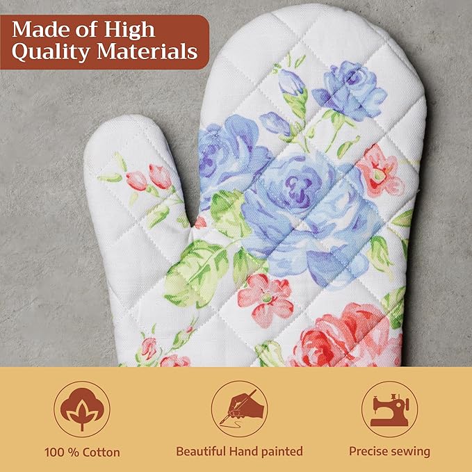 Maison d'Hermine Oven Gloves 100% Cotton Oven Mitt 7" x 13" with Loop Heat Resistant BBQ Cooking Gloves Baking Grilling Gifts for Mothers Day Spring/Summer (Pack of 1, Vintage Floral)