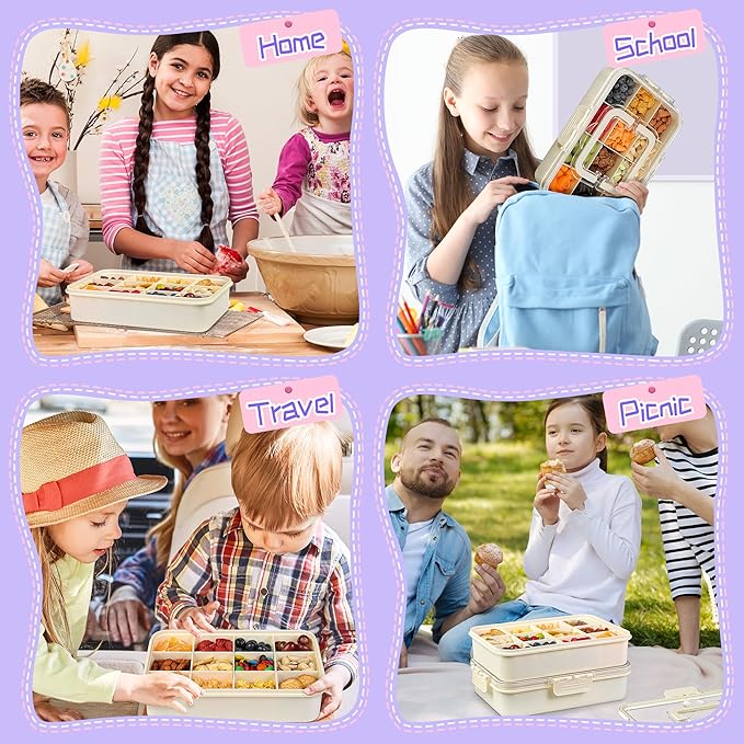 Xyptorix Snack Box Container for Kids - Adjustable 12-Compartment Snack Containers, Reusable Bento Box, Dishwasher Safe, BPA-Free, Perfect for School, Travel, Camping & Picnic, Ivory White