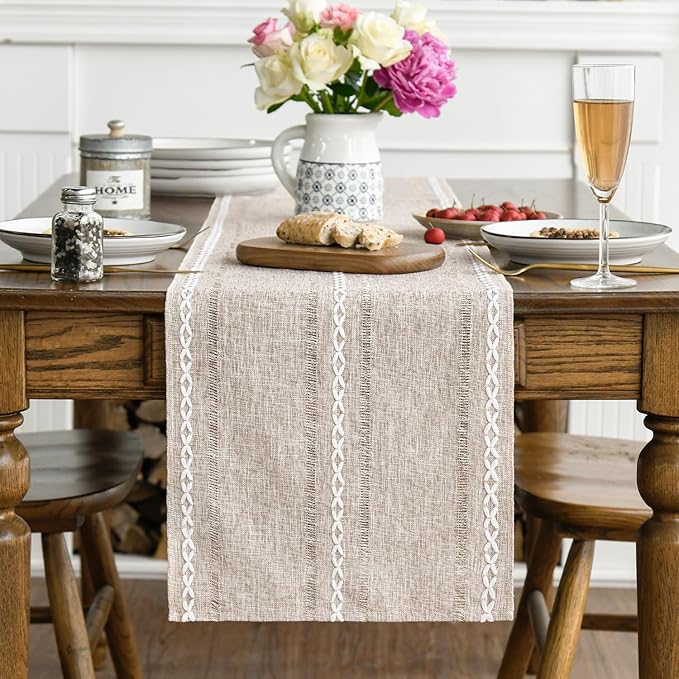 Artoid Mode Brown Rustic Cotton Linen Table Runner, Seasonal Embroidered Hollow Kitchen Dining Table Decoration for Home Party Decor 13x90 Inch