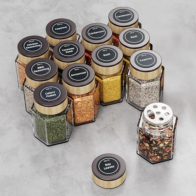 Vetacsion Set of 12 Magnetic Spice Tins with 2 Black Metal Wall-Plates,100 Preprinted Seasoning Label Stickers,2 Styles for 3 oz Herb Jars (12 PCS)