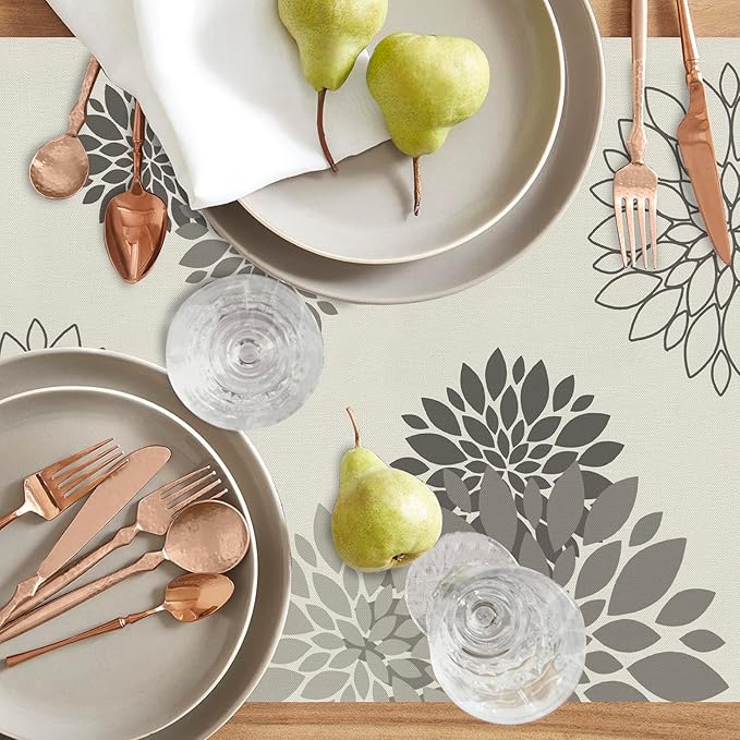 Gray Dahlia Table Runner Modern Elegant Flower Beige Table Runners Geometric Pompon Farmhouse Coffee Table Center Decor for Home Kitchen Dining Party Indoor Outdoor (13x72 Inch)
