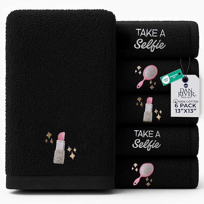 DAN RIVER Black Makeup Towels - Pack of 6 (13x13 in) - Ultra Soft Cotton Face Towels with Embroidery - Reusable, Quick-Dry & Machine Washable Makeup Remover Cloths for Bathroom, Spa & Salon