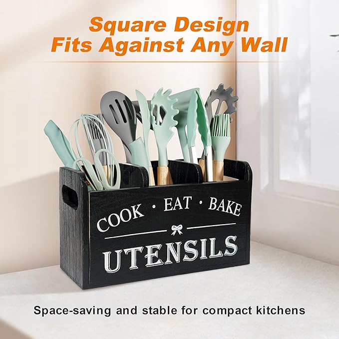 Wooden Kitchen Utensil Holder with 3 Compartments, Utensil Storage Organizer for Kitchen Counter, Farmhouse Decor & Rustic Cooking Tools Storage(Black)