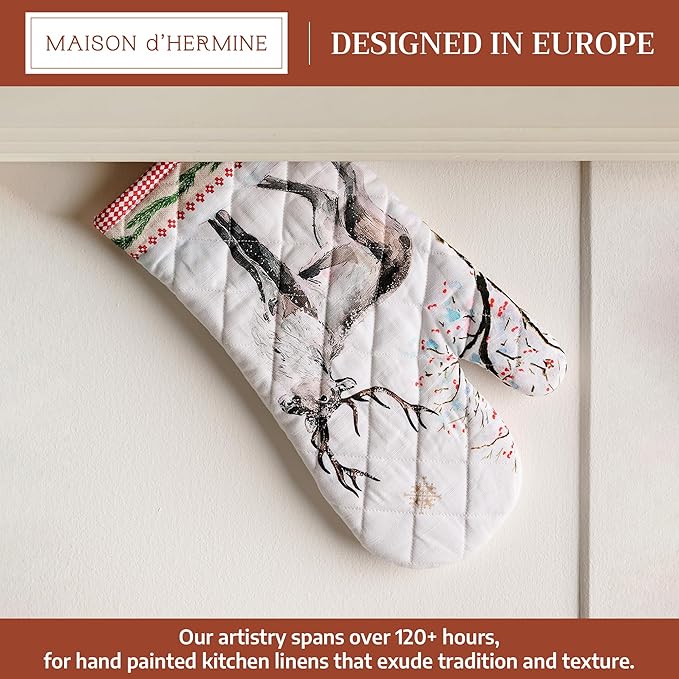 Maison d' Hermine Oven Gloves 100% Cotton Oven Mitt 7" x 13" with Loop Heat Resistant BBQ Cooking Gloves for Thanksgiving Christmas Decorations Baking Handling Hot Pans (Pack of 1, Rural Christmas)