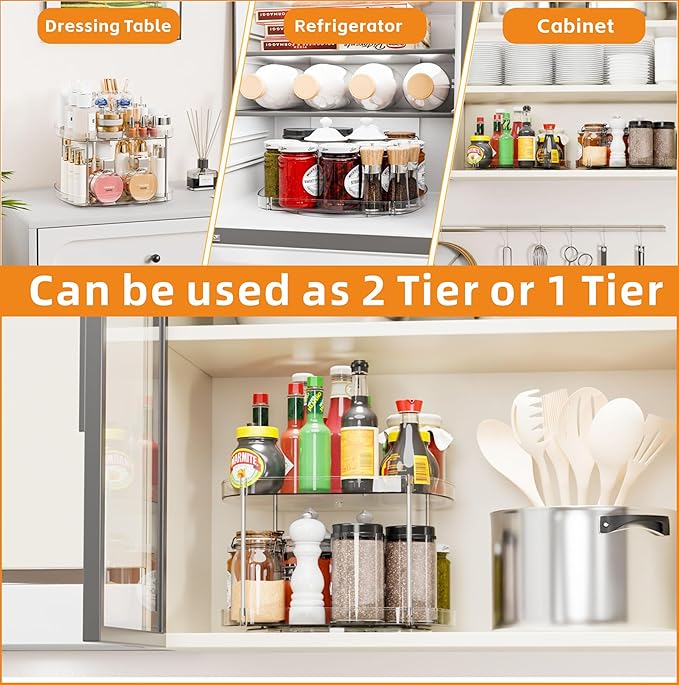 Yieach 2 Tier Pantry Lazy Susan Organizer,12″x10″ Square Turntable Organizers for Kitchen Cabinets & Pantry Storage,Tiered Spice Rack,Jars,Canned Goods,Seasoning Shelf,Can Organizer for Inside Cabinet