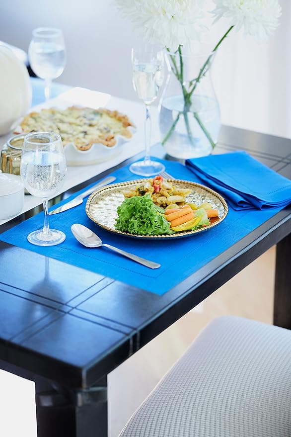 Solino Home Linen Placemats Set of 4 - Classic Hemstitch Royal Blue Placemats 14 x 19 Inch - 100% Pure Linen Table Mats for Spring, Summer