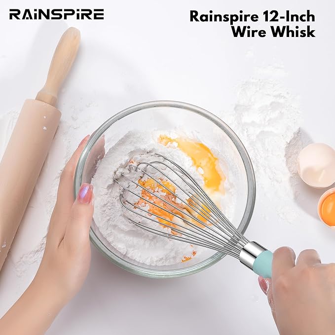 Rainspire 12-Inch Wire Whisk Stainless Steel, Balloon Whisks for Cooking, Wisk Wisking Tool With Soft Silicone Handle, Thick Durable Whisker for Blending, Beating, Whisking, Stirring, Mint Green