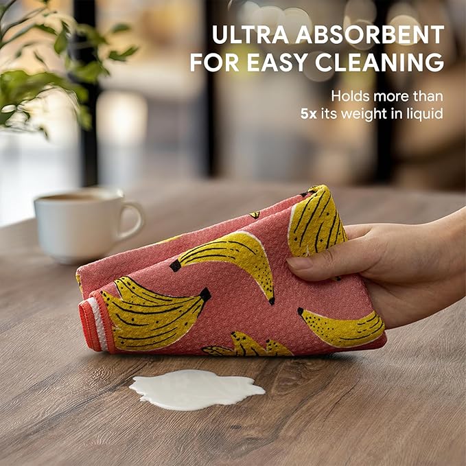 RECYCO Waffle Kitchen Towel Set of 2 - Quick Dry Microfiber Sustainable Dish Towels - Ultra Absorbent Reusable Cleaning Tea Towels - Lightweight Hand Towels,16”x 28”, Banana Joy