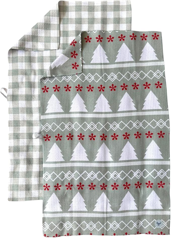 || 3 Pack|| Double Sided Dish Towels || Waffle Weave Microfiber || Highly Absorbent || Hanging Loop || Dish Cloths || Modern || Designer Prints || Lights (Christmas Mint 2 Pack)