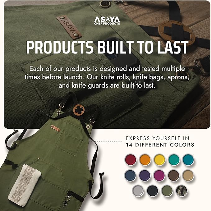 Asaya Chef and BBQ Apron with Bottle Opener and Hand Towel - 10oz Cotton Canvas, Stainless Steel Hardware - Cross Back Straps