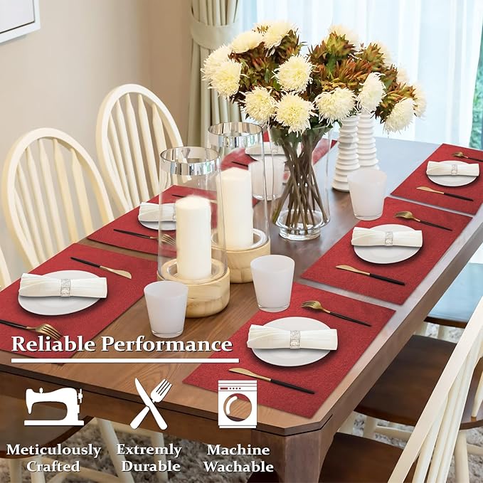 Cloth Placemats Set of 4, Cotton Linen Blend Machine Washable Double Layered Durable Place Mats Heat Resistant Placemats Wrinkle Free Thick Fabric Dining Table Mats (Red, 4)