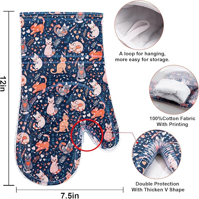 Oven Mitts Set of 2 with Transparent Clear Silicone Shell and Nice cat Printing Cotton Lining, Heat Resistant to 500 F Kitchen Oven Gloves Pot Holder for Cooking (Navy, Cat, Oven Mitts)