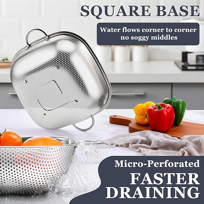 E-far 3 Pack Colander for Kitchen, Square Stainless Steel Metal Strainer Colander with Handle for Draining Food Pasta Vegetable, Micro-Perforated & Elevated Feet, Dishwasher Safe(2.4/4/6QT)