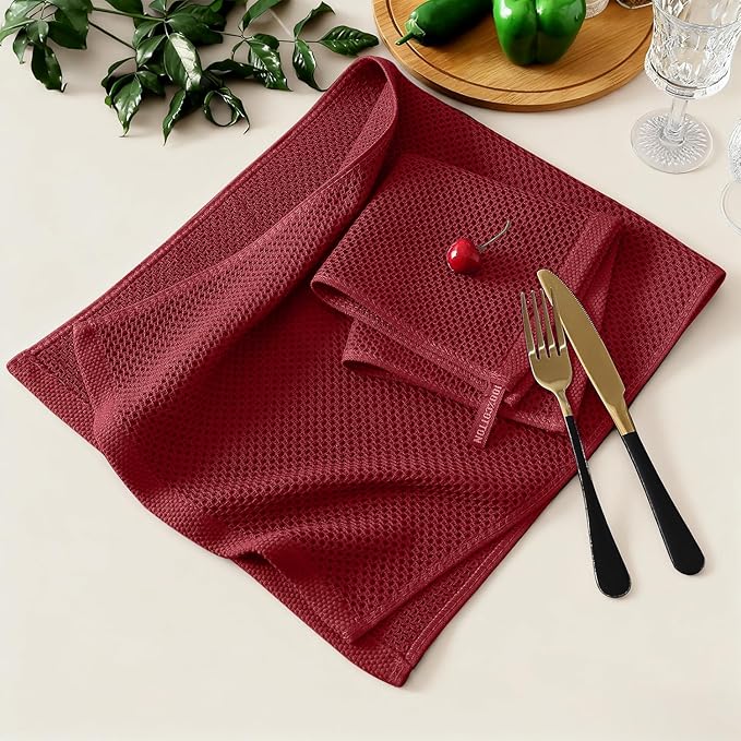 Kitinjoy 100% Cotton Kitchen Towels and Dishcloths Set, 8 Pack-13" x 28" and 12" x 12" Waffle Weave Dish Towels, Ultra Soft Absorbent Quick Drying Dish Rags, Burgundy