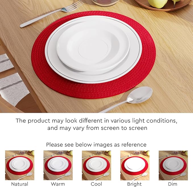 Encasa XO Dining Placemats Set of 4 | Cotton Round Table Mat - 13 in Diameter | Red | Handmade Rib Style Chargers for Dinner Plates