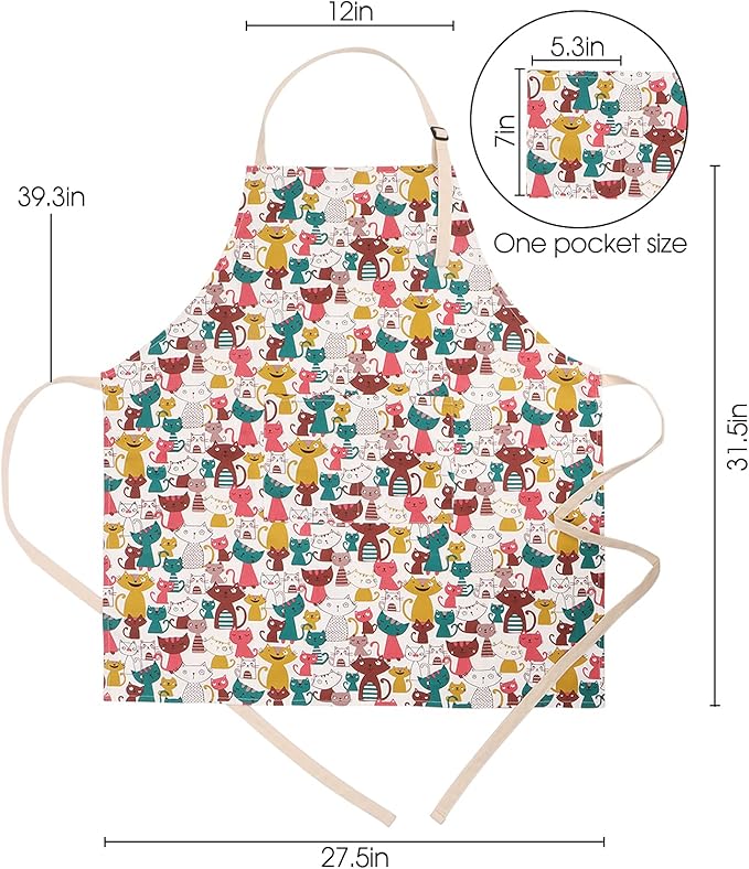 Cute Apron with 2 Pockets for Women, Adjustable Neck Strap and Long Waist Ties Cotton Cooking Baking Aprons, Use as a Kitchen and Chef Apron, Artist or Garden Aprons (Cat)